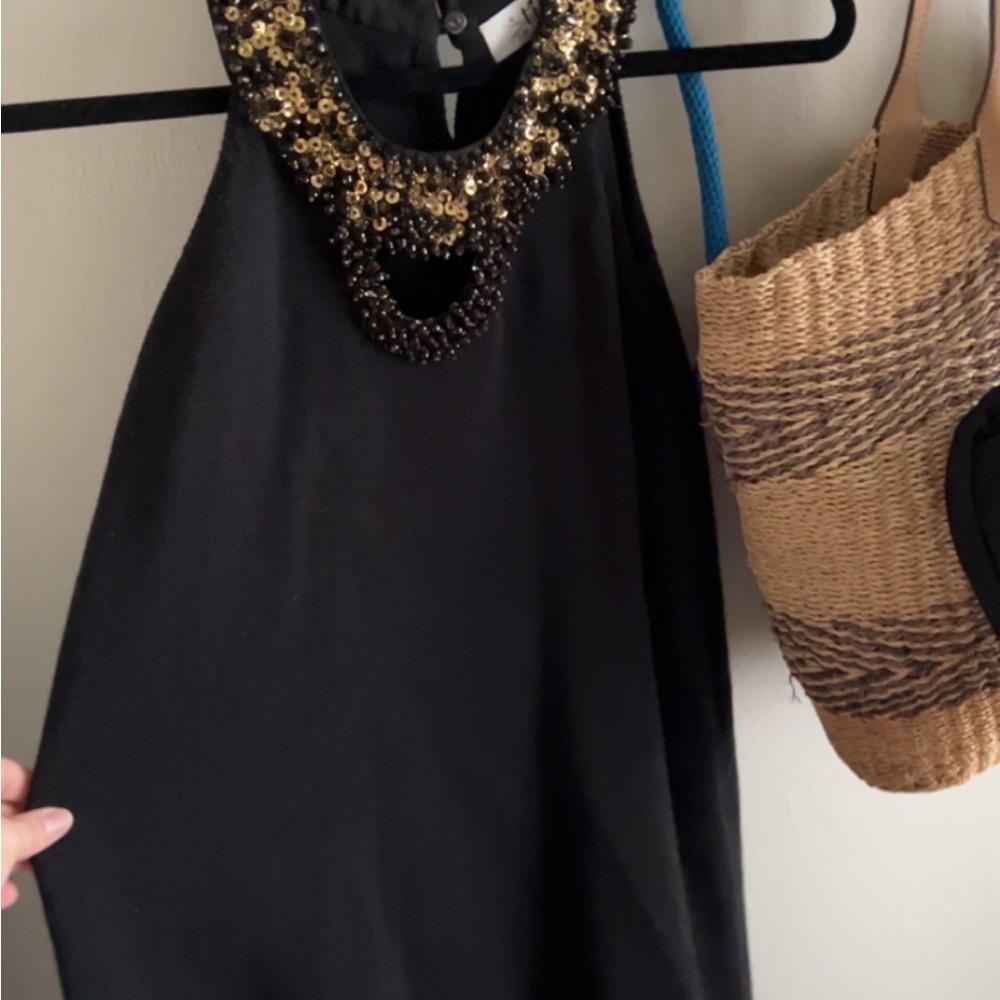 Tibi black dress with gold sequence collar